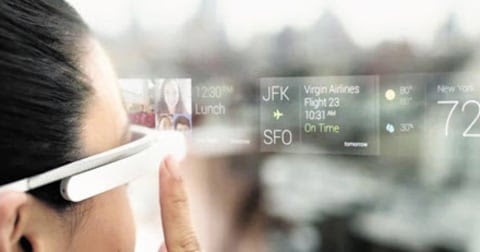 Augmented information seen through wearable AR glasses.