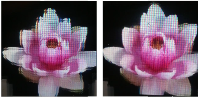 Experimental comparison of a natural image reconstructed with conventional sampling and corrected subpixel sampling.
