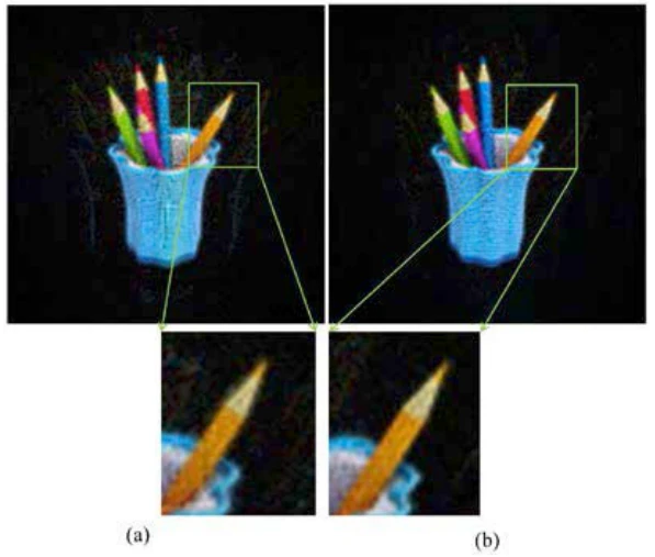 Reconstructed pencil-cup images and magnified details comparing rectangular and hexagonal lens-array sampling.