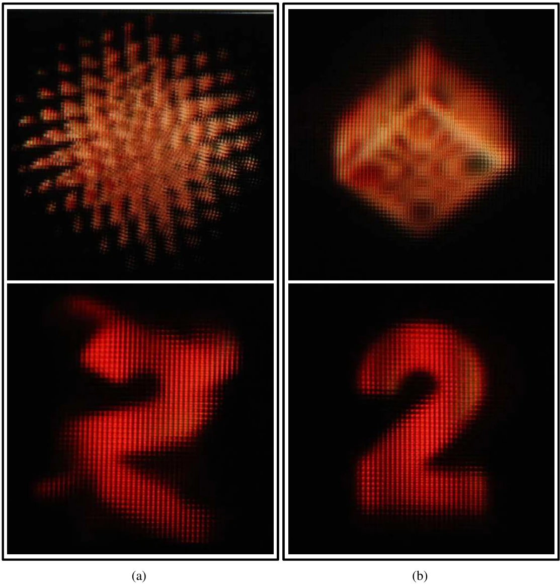 Reconstructed 3D images of a textured box and a numeral before and after rectification of elemental-image distortions.