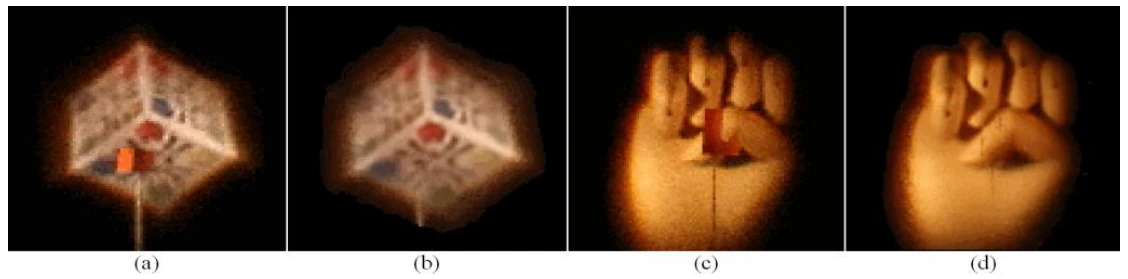 Views of a box and a hand before and after reconstruction of occluded regions using optical flow and triangular meshes.