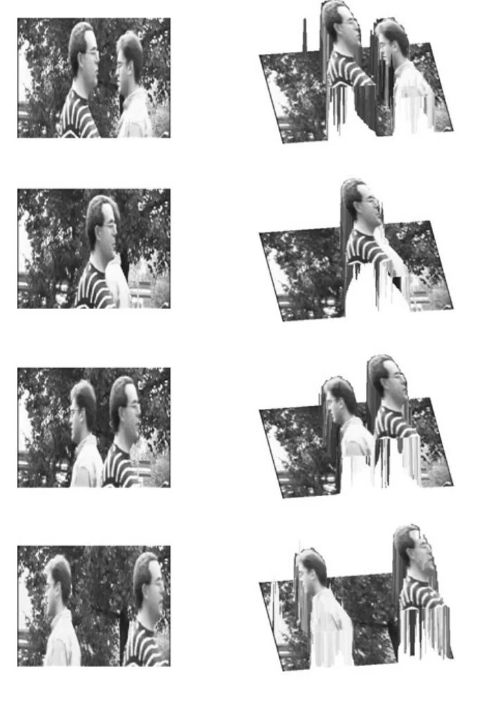 Movie frames and their reconstructed 3D geometry using optical flow and image segmentation.